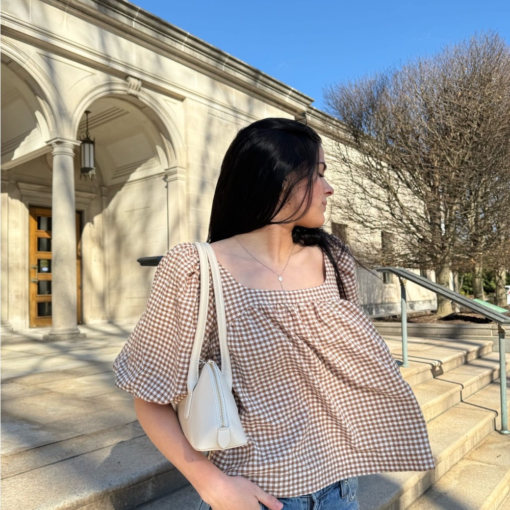 Things Between Brown Gingham Blouse with Puff Sleeves